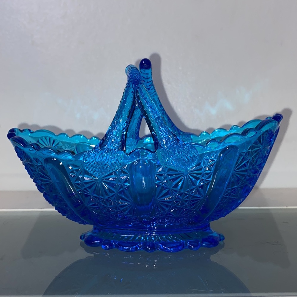 Daisy & Button Colonial Blue by Fenton, Glass Basket, Split Handle
